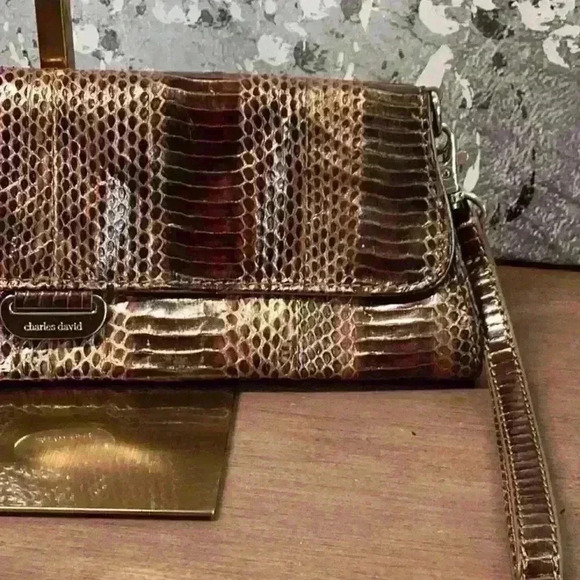 Charles David Leather Snakeskin Bronze Clutch Bag - Picture 5 of 16